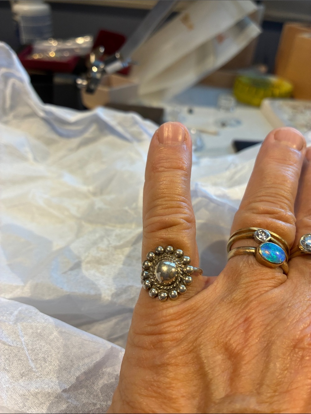 Sterling Silver Beaded Sunburst Ring - Size 7